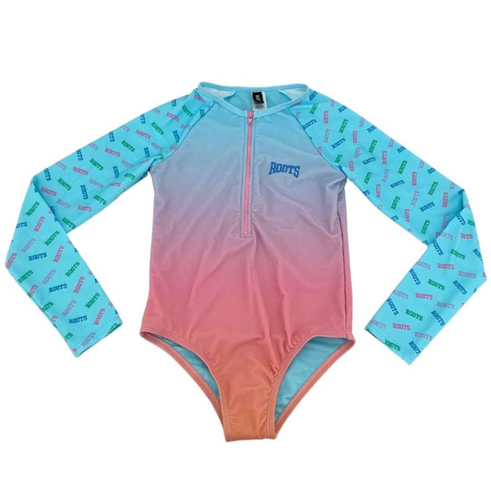Roots | Girl's Long Sleeve One Piece Bathing Suit | Blue & Pink | Size 14